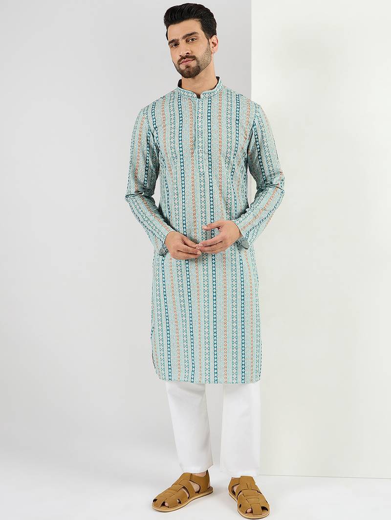 Men teal viscose rayon geometric embroidered chikankari straight kurta