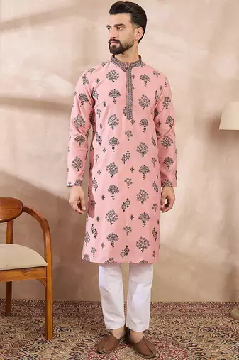 Men peach silk blend solid embroidered straight kurta with trouser