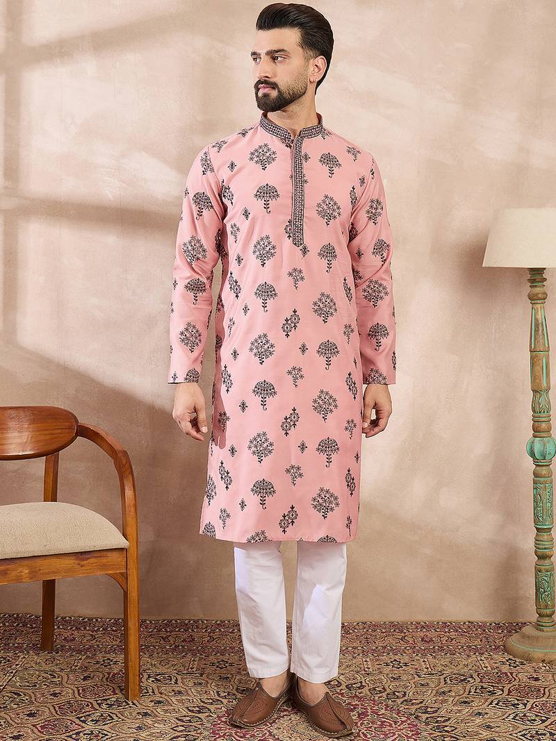 Men peach silk blend solid embroidered straight kurta with trouser