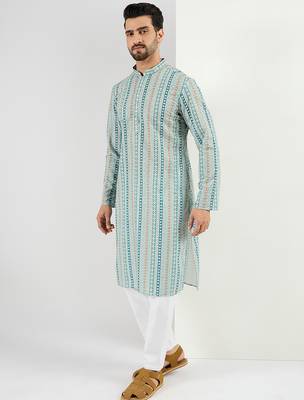 Men teal viscose rayon geometric embroidered chikankari straight kurta 3