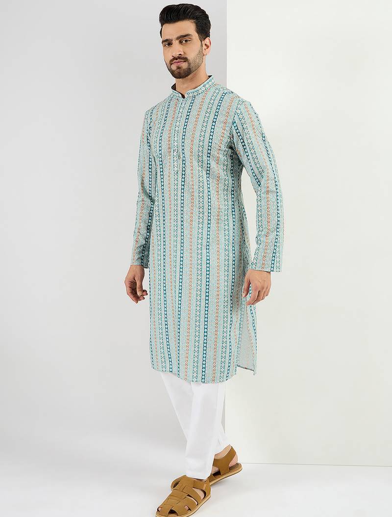 Men teal viscose rayon geometric embroidered chikankari straight kurta