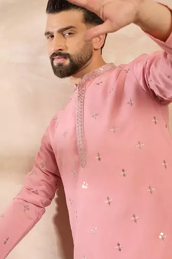 Men peach silk blend solid embroidered straight kurta sets