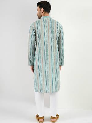 Men teal viscose rayon geometric embroidered chikankari straight kurta 4