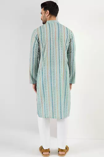 Men teal viscose rayon geometric embroidered chikankari straight kurta