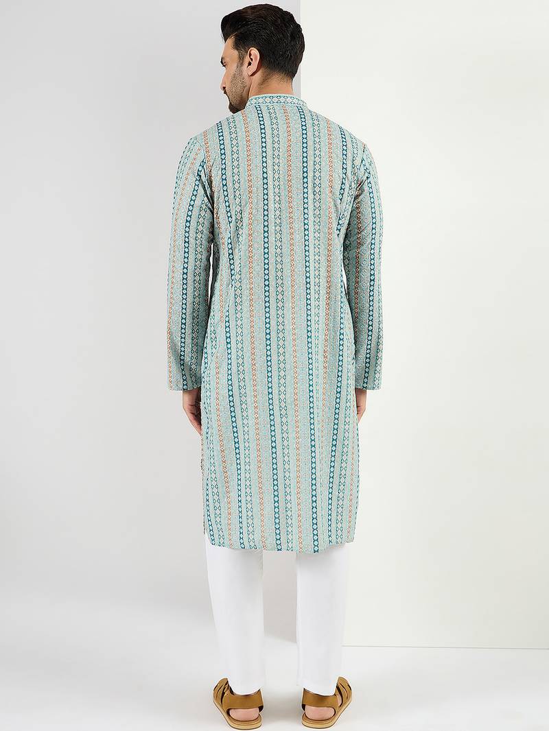 Men teal viscose rayon geometric embroidered chikankari straight kurta