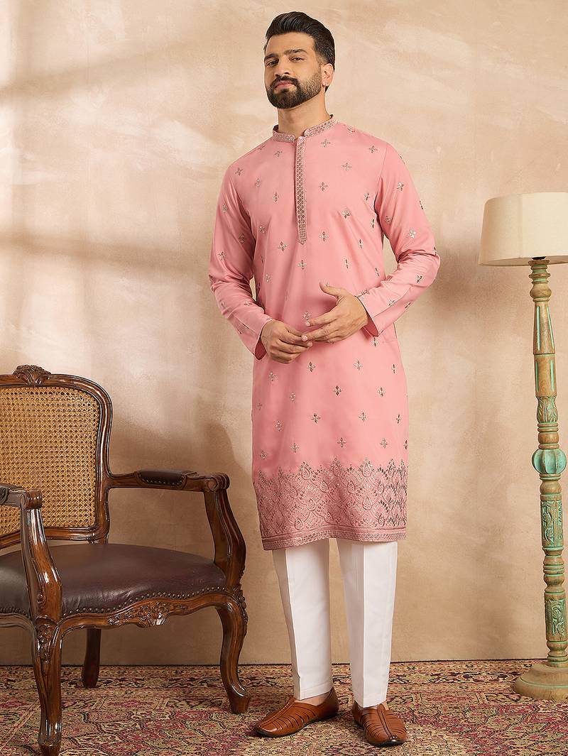 Men peach silk blend solid embroidered straight kurta sets