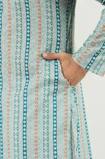 Men teal viscose rayon geometric embroidered chikankari straight kurta