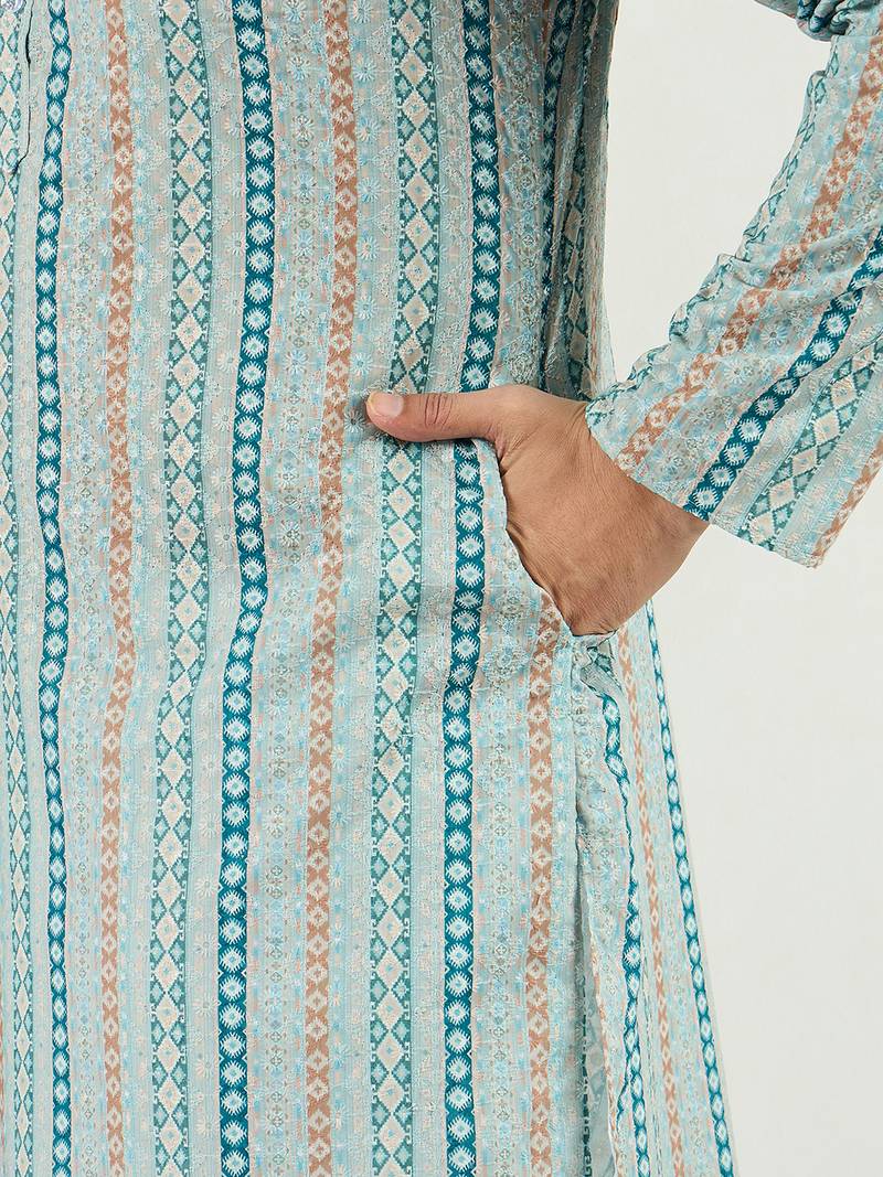 Men teal viscose rayon geometric embroidered chikankari straight kurta