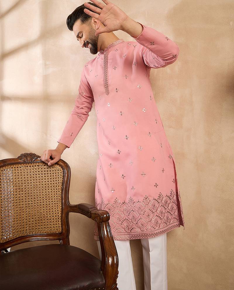 Men peach silk blend solid embroidered straight kurta sets