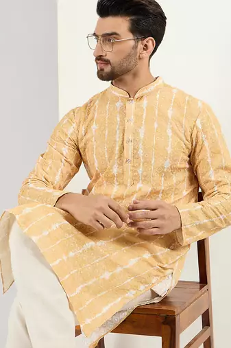 Men yellow viscose rayon abstract embroidered chikankari straight kurta