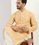 Men yellow viscose rayon abstract embroidered chikankari straight kurta