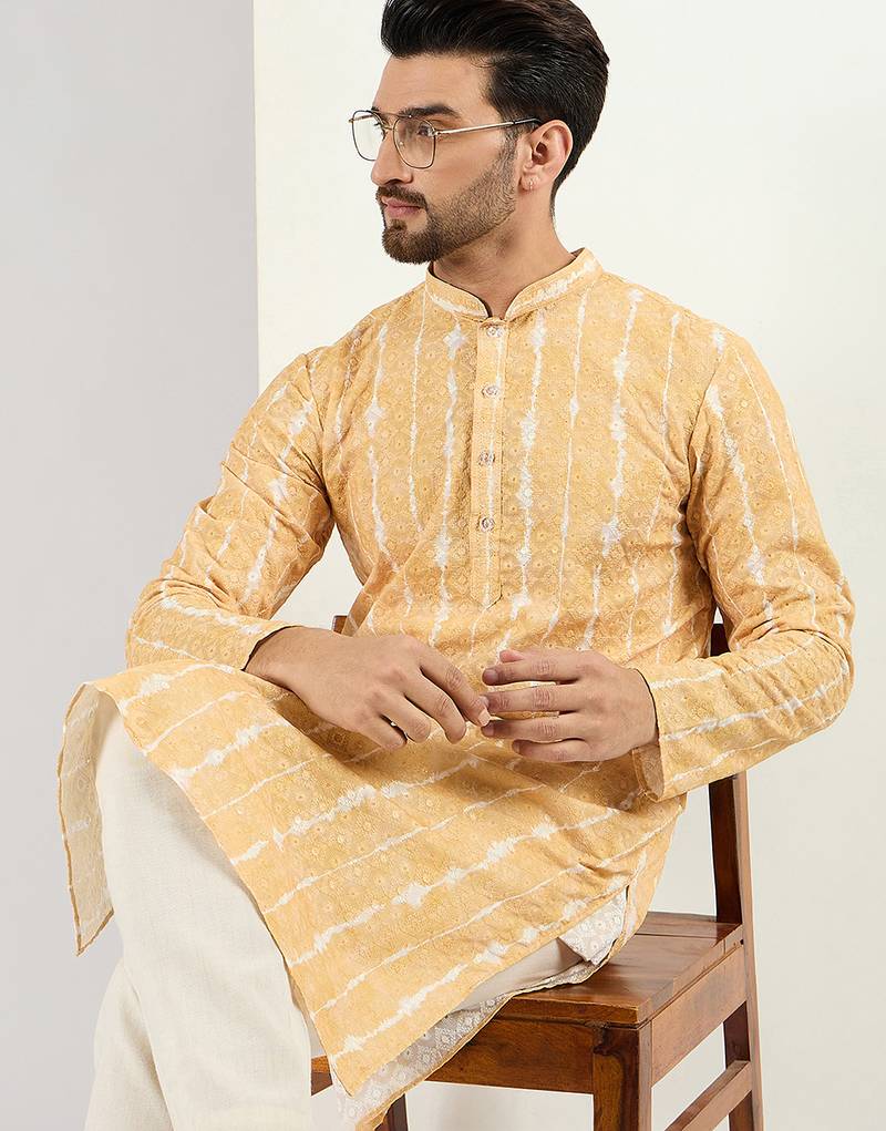 Men yellow viscose rayon abstract embroidered chikankari straight kurta