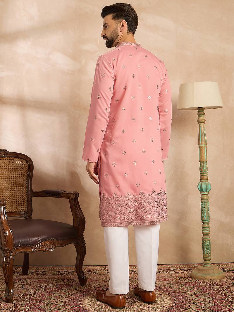 Men peach silk blend solid embroidered straight kurta sets