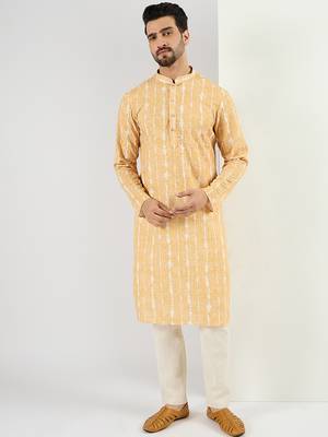 Men yellow viscose rayon abstract embroidered chikankari straight kurta 2
