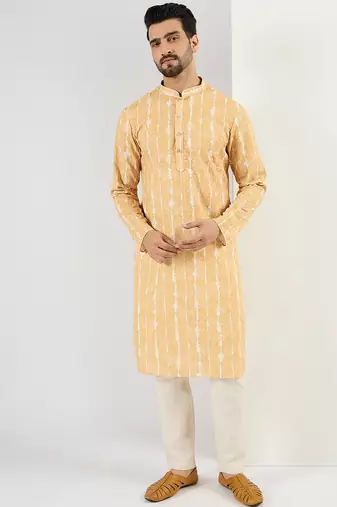 Men yellow viscose rayon abstract embroidered chikankari straight kurta