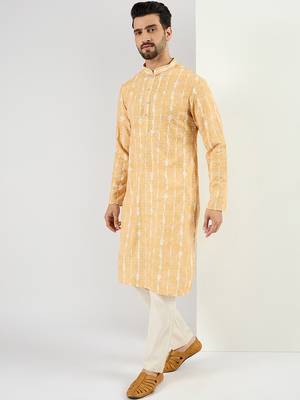 Men yellow viscose rayon abstract embroidered chikankari straight kurta 3