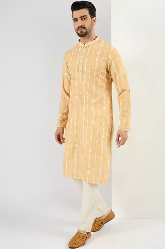 Men yellow viscose rayon abstract embroidered chikankari straight kurta