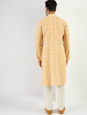 Men yellow viscose rayon abstract embroidered chikankari straight kurta 4