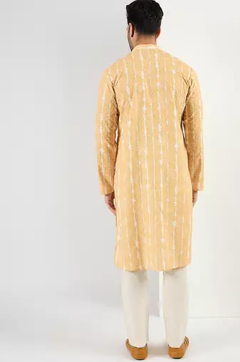 Men yellow viscose rayon abstract embroidered chikankari straight kurta