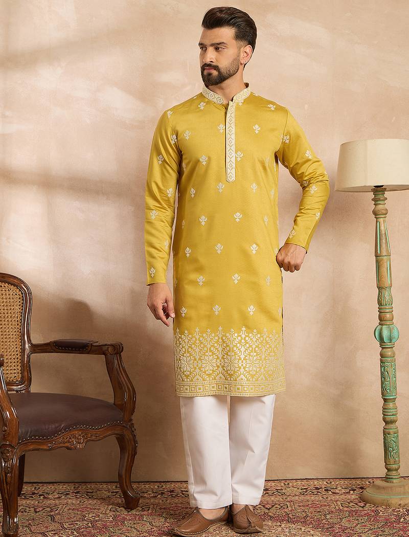 Men yellow polyester solid embroidered straight kurta sets