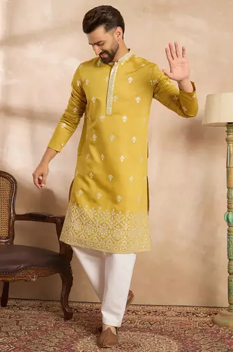 Men yellow polyester solid embroidered straight kurta sets