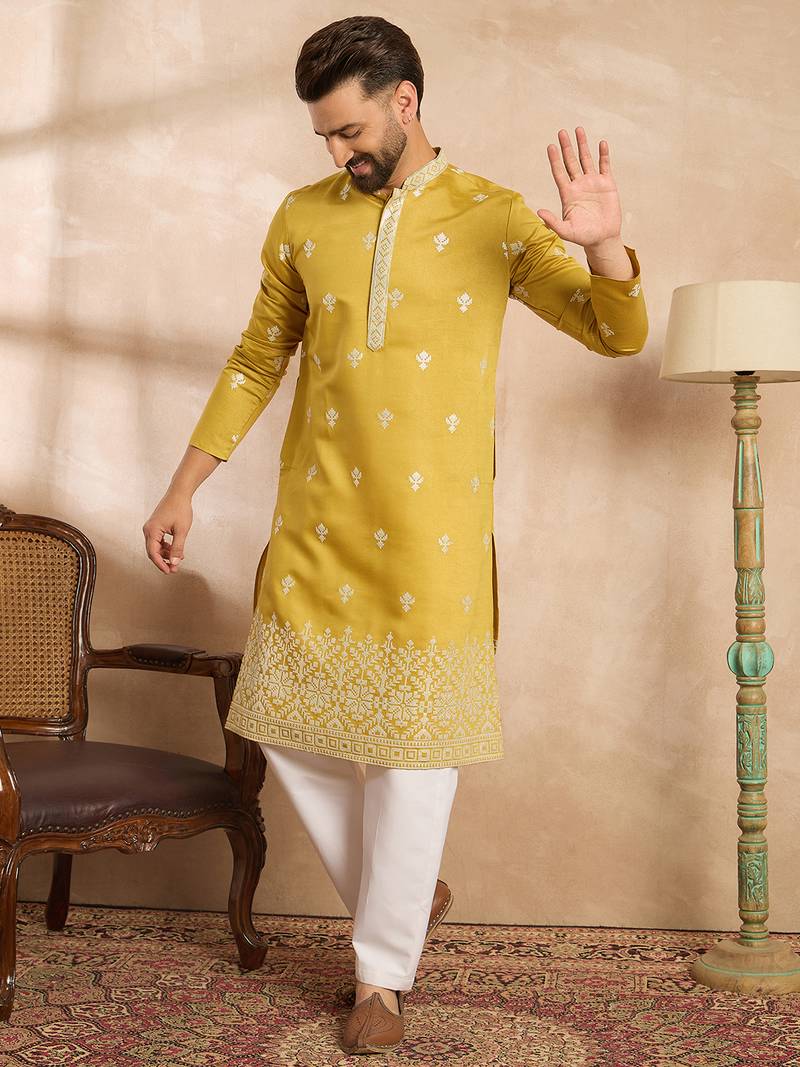 Men yellow polyester solid embroidered straight kurta sets