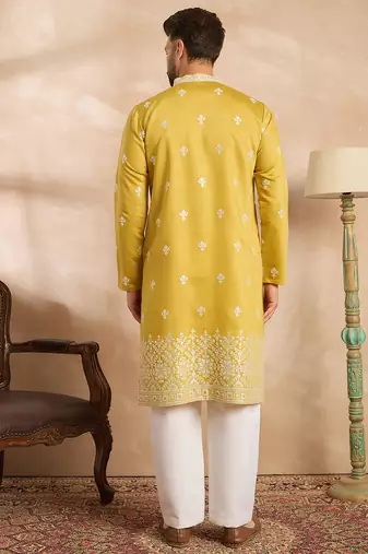 Men yellow polyester solid embroidered straight kurta sets