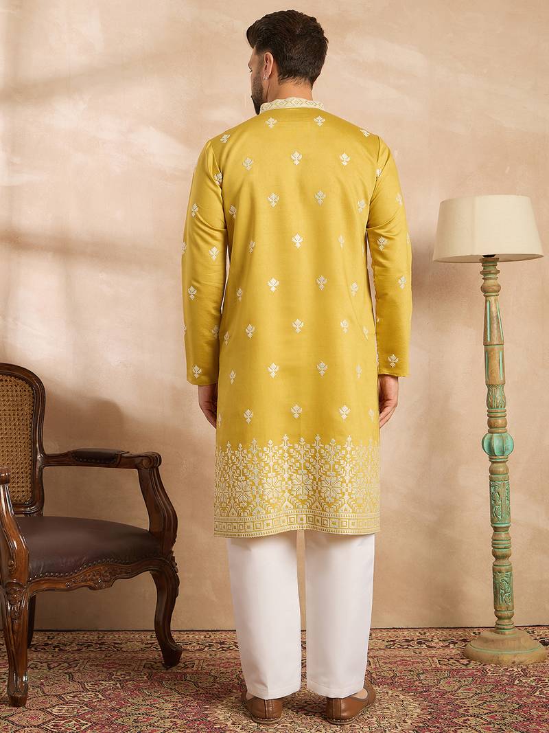 Men yellow polyester solid embroidered straight kurta sets