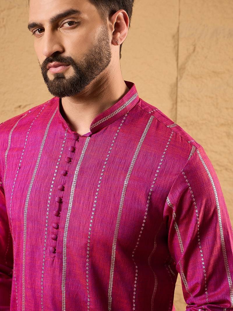Men pink cotton solid embroidered straight kurta