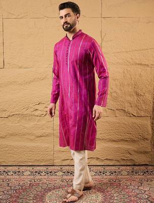 Men pink cotton solid embroidered straight kurta 3