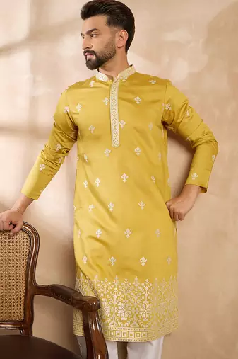 Men yellow polyester solid embroidered straight kurta sets