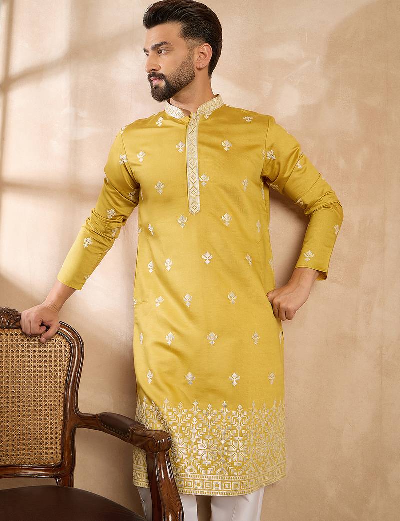 Men yellow polyester solid embroidered straight kurta sets