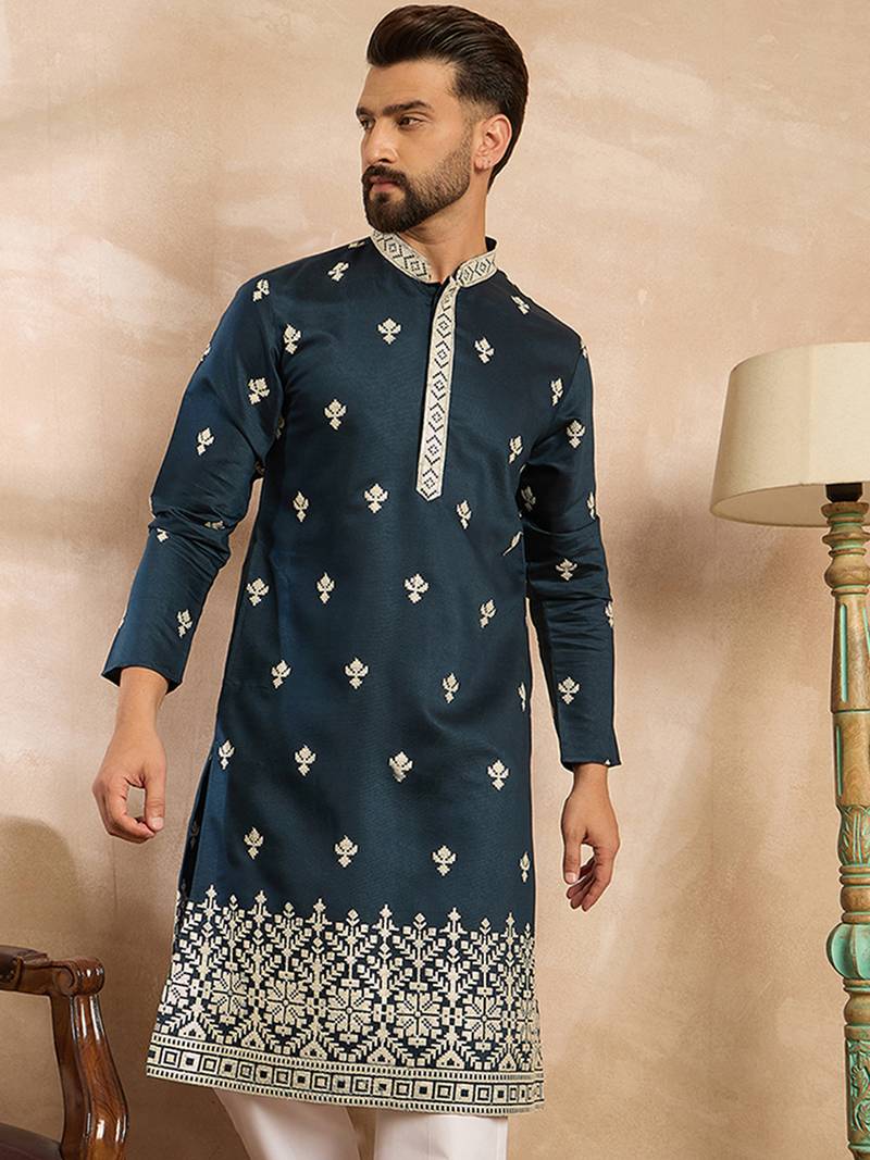 Men navy blue polyester solid embroidered straight kurta sets