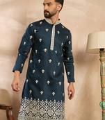 Men navy blue polyester solid embroidered straight kurta sets