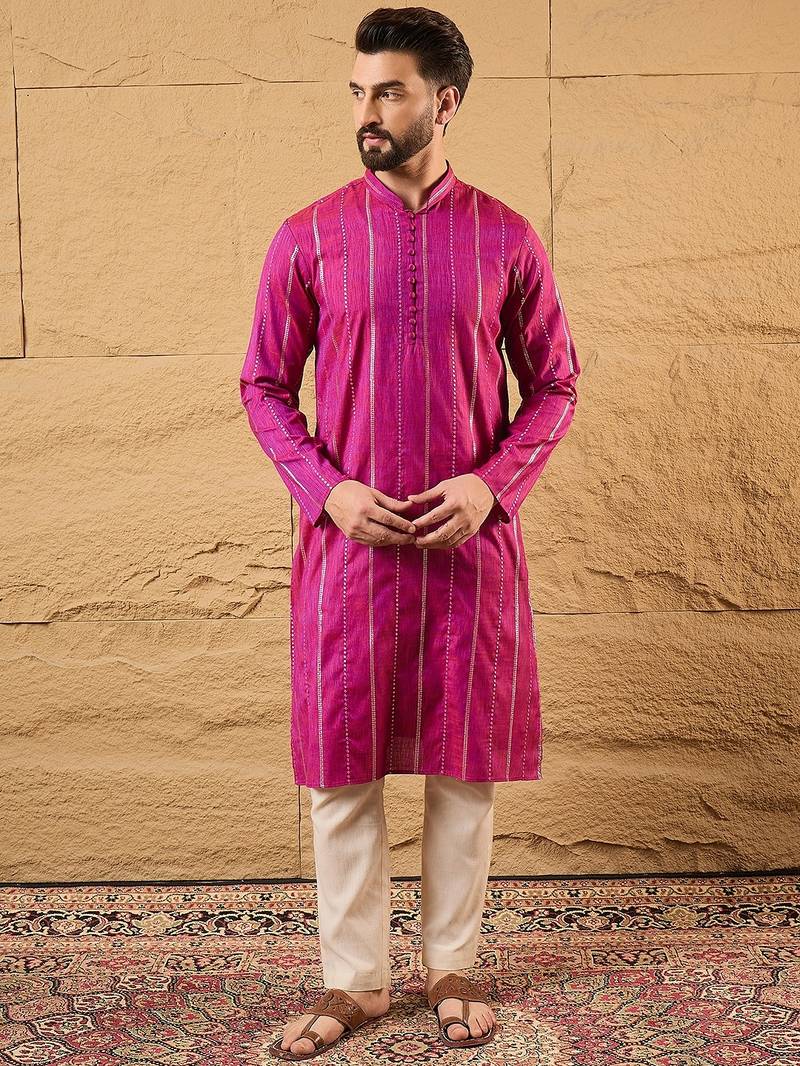 Men pink cotton solid embroidered straight kurta