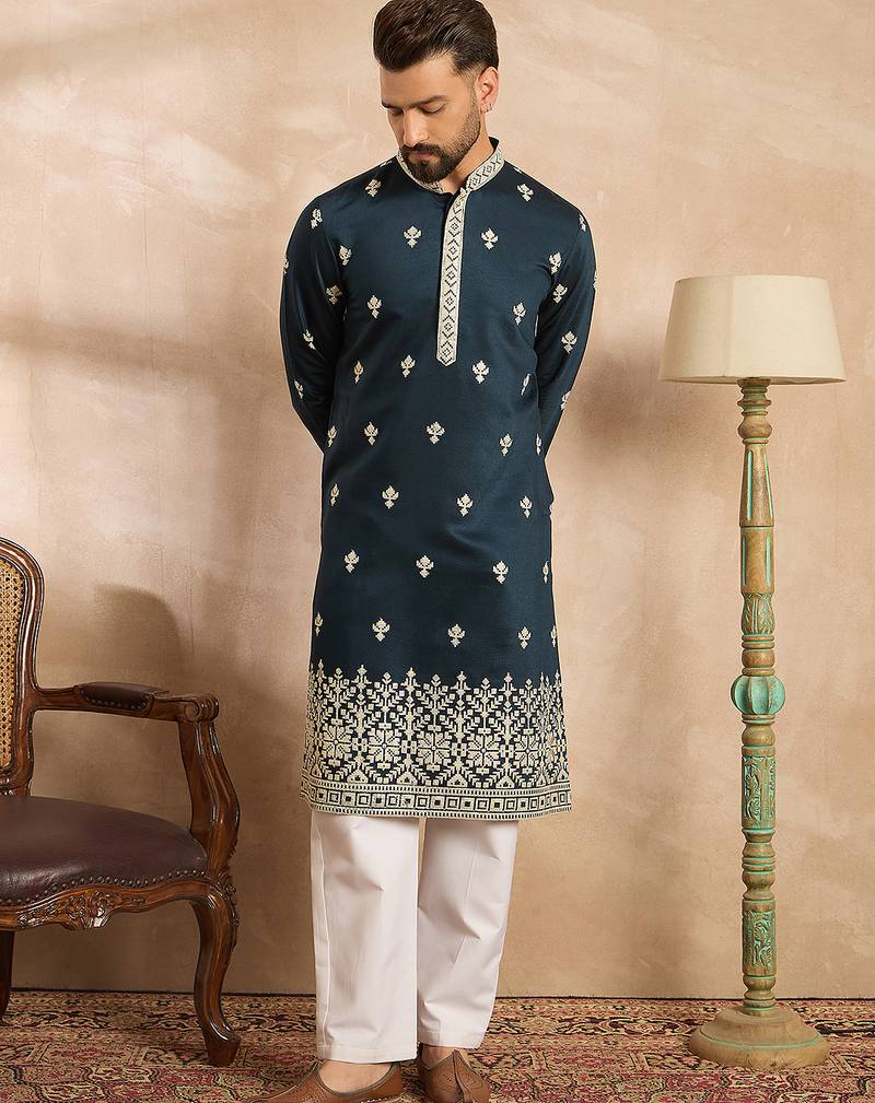 Men navy blue polyester solid embroidered straight kurta sets