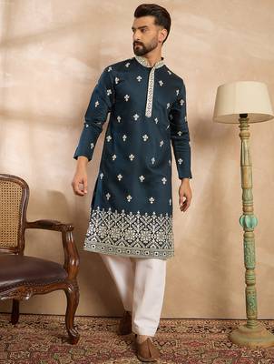 Men navy blue polyester solid embroidered straight kurta sets 3