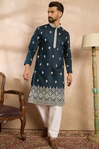 Men navy blue polyester solid embroidered straight kurta sets