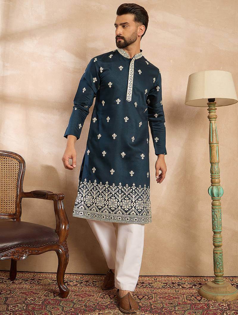Men navy blue polyester solid embroidered straight kurta sets