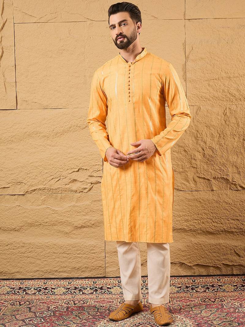 Men yellow cotton solid embroidered straight kurta