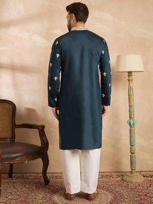 Men navy blue polyester solid embroidered straight kurta sets 4