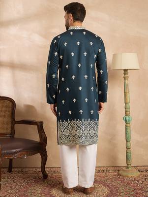 Men navy blue polyester solid embroidered straight kurta sets 4