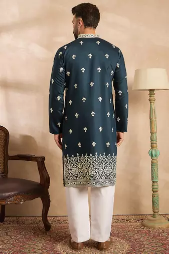 Men navy blue polyester solid embroidered straight kurta sets