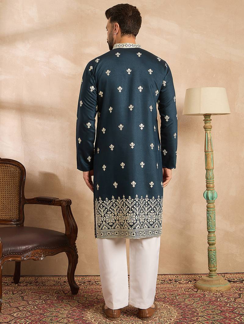 Men navy blue polyester solid embroidered straight kurta sets