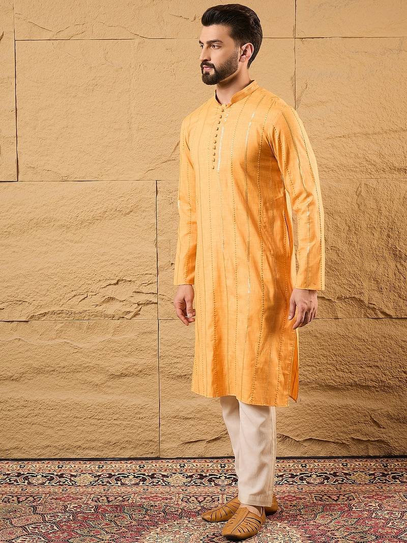 Men yellow cotton solid embroidered straight kurta