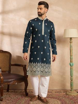 Men navy blue polyester solid embroidered straight kurta sets 5