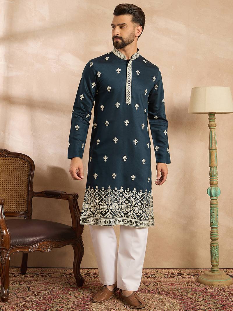 Men navy blue polyester solid embroidered straight kurta sets