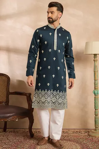 Men navy blue polyester solid embroidered straight kurta sets