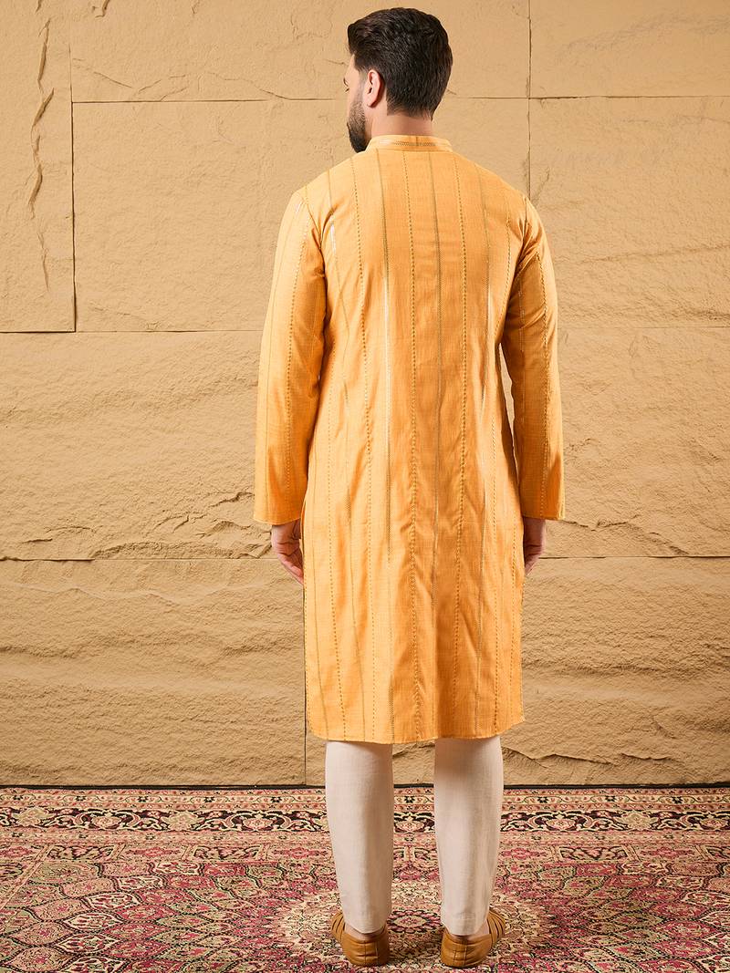 Men yellow cotton solid embroidered straight kurta
