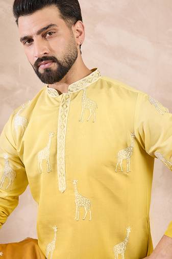 Men yellow silk blend ethnic motifs embroidered straight kurta with trouser